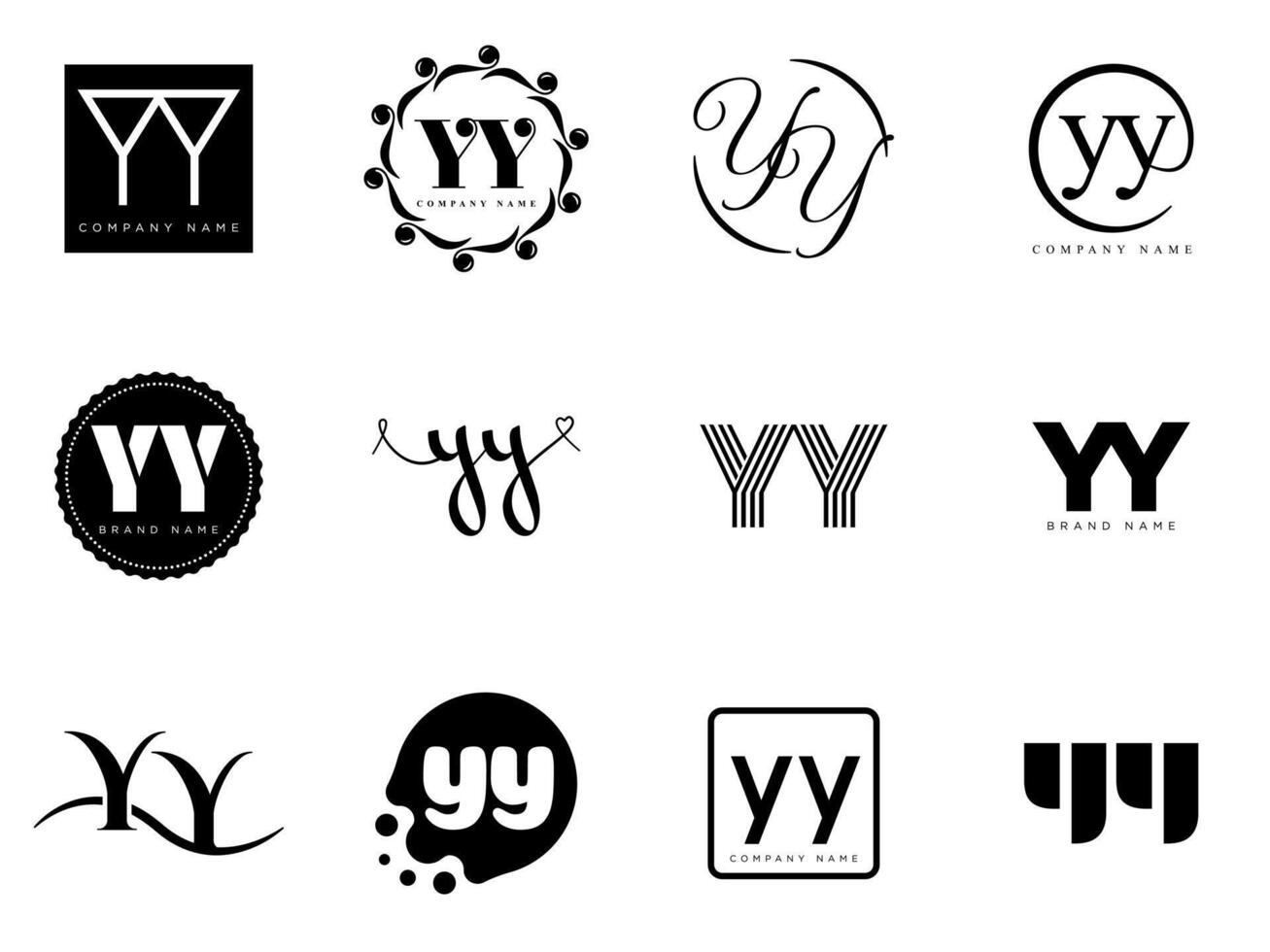 YY logo company template. Letter y and y logotype. Set different classic serif lettering and modern bold text with design elements. Initial font typography. vector
