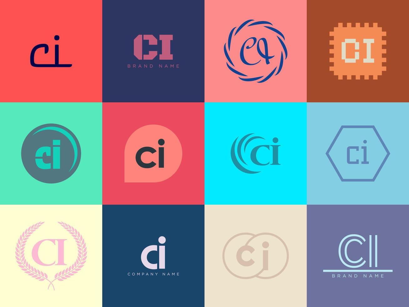CI logo company template. Letter c and i logotype. Set different classic serif lettering and modern bold text with design elements. Initial font typography. vector