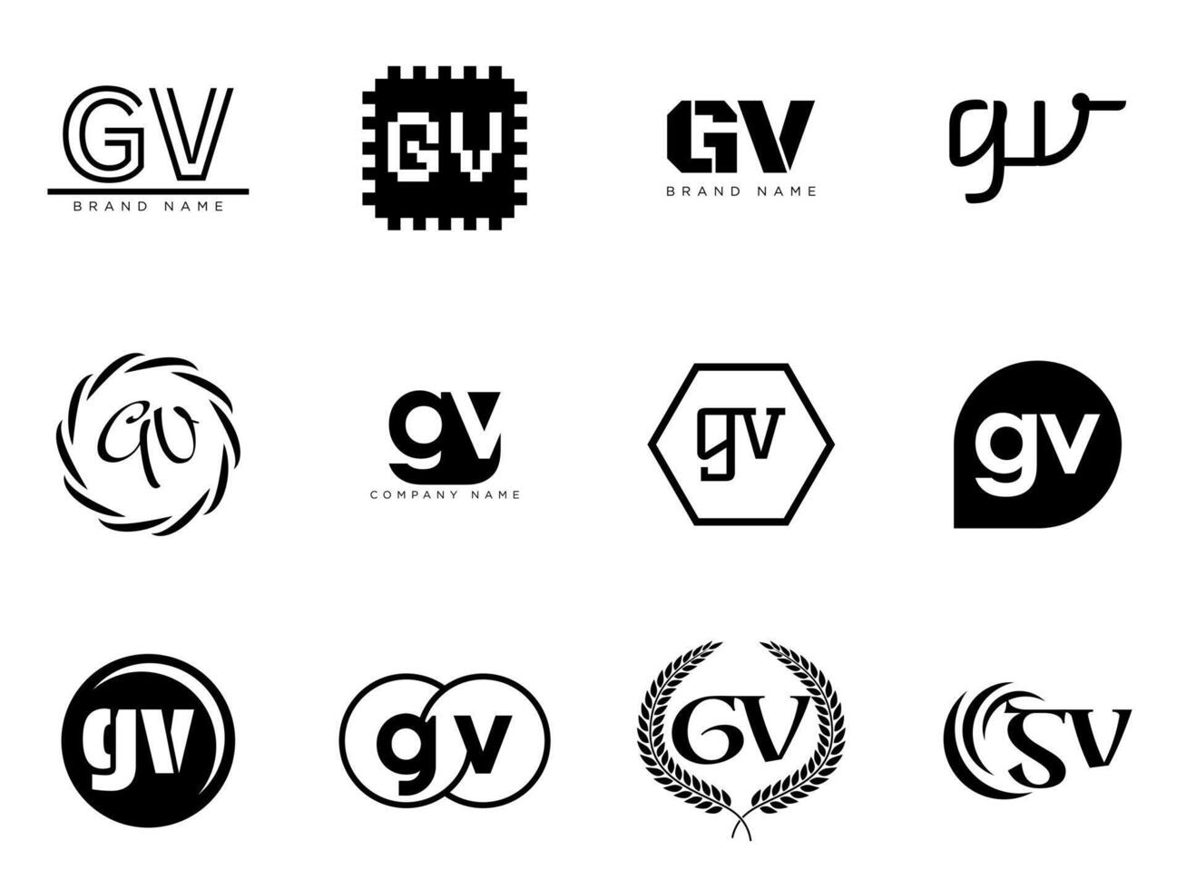GV logo company template. Letter g and v logotype. Set different classic serif lettering and modern bold text with design elements. Initial font typography. vector
