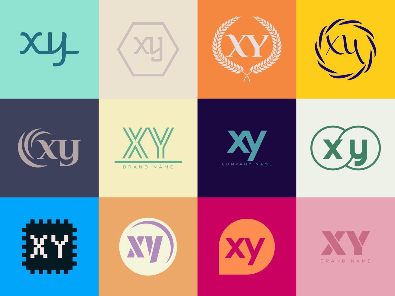 XY logo company template. Letter x and y logotype. Set different classic serif lettering and modern bold text with design elements. Initial font typography. vector