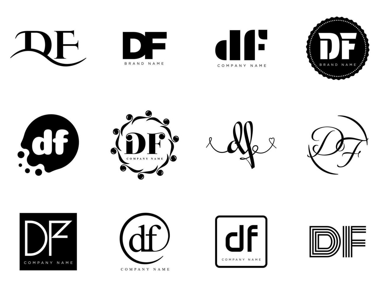 DF logo company template. Letter d and f logotype. Set different classic serif lettering and modern bold text with design elements. Initial font typography. vector