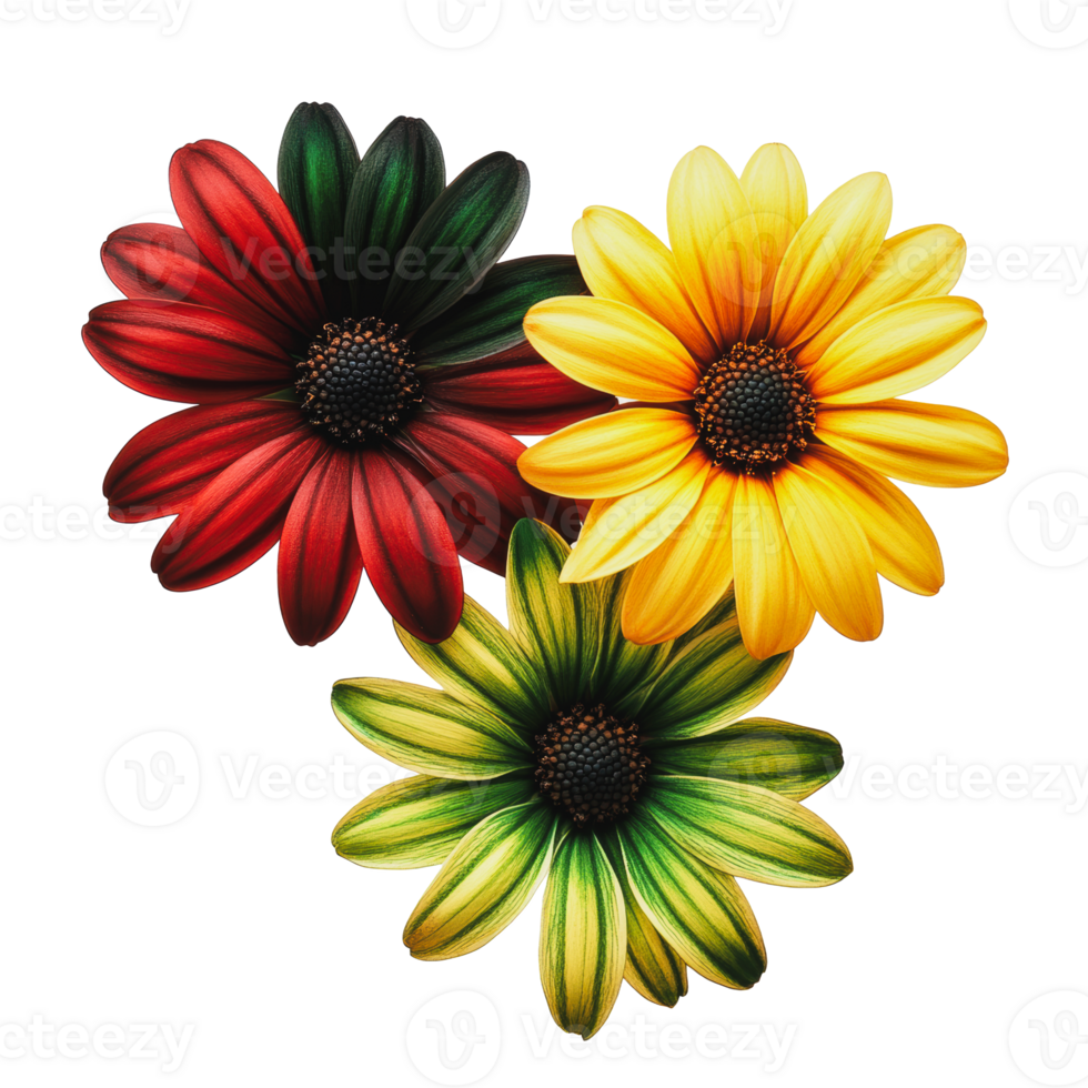 Colorful artificial flowers arranged in a triangle png