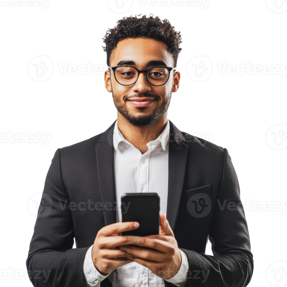 Young man in suit using smartphone indoors png