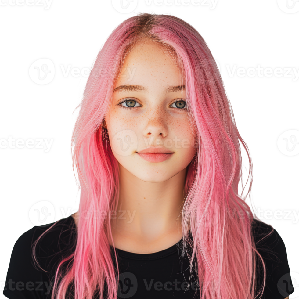 Young girl with pink hair smiles softly indoors png