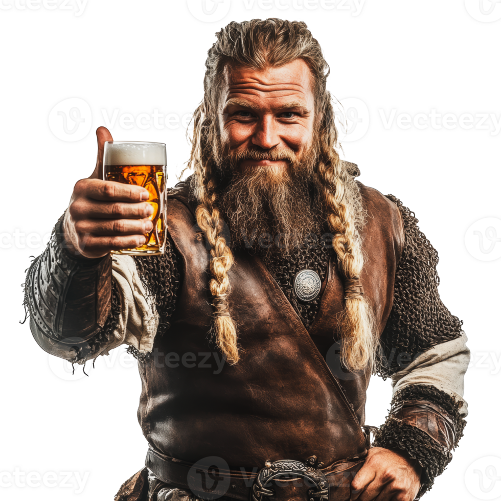 Man in medieval attire raising a beer mug indoors png