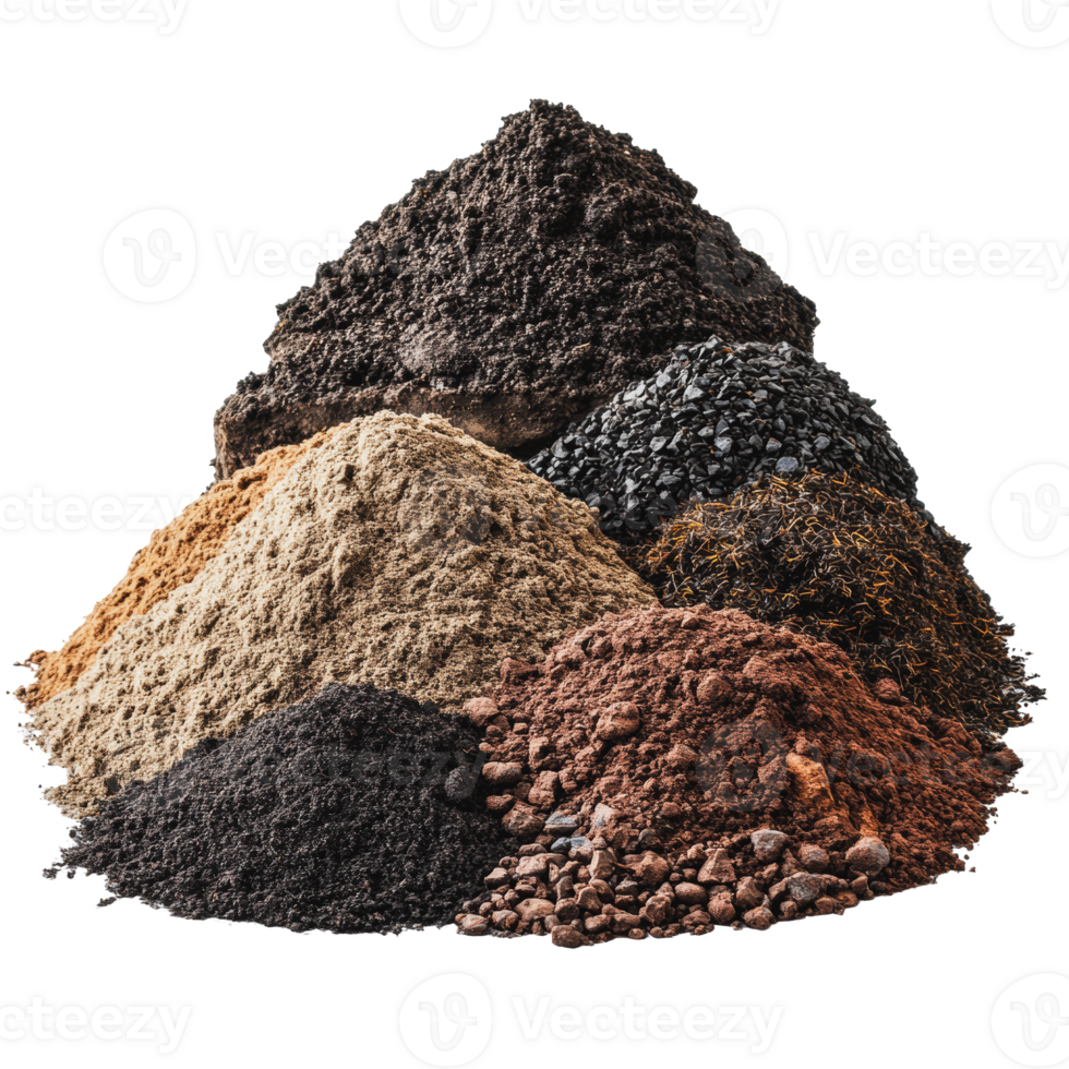 Different types of soil arranged in piles indoors png