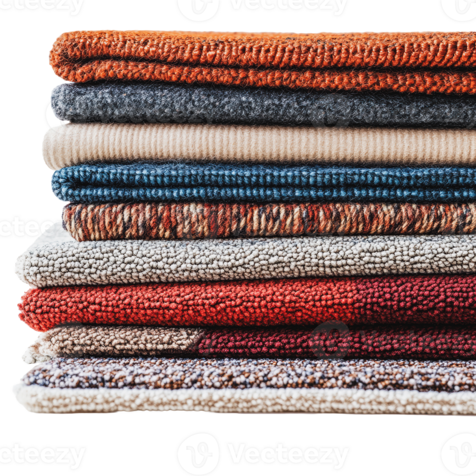 Stack of assorted fabric swatches on a table png