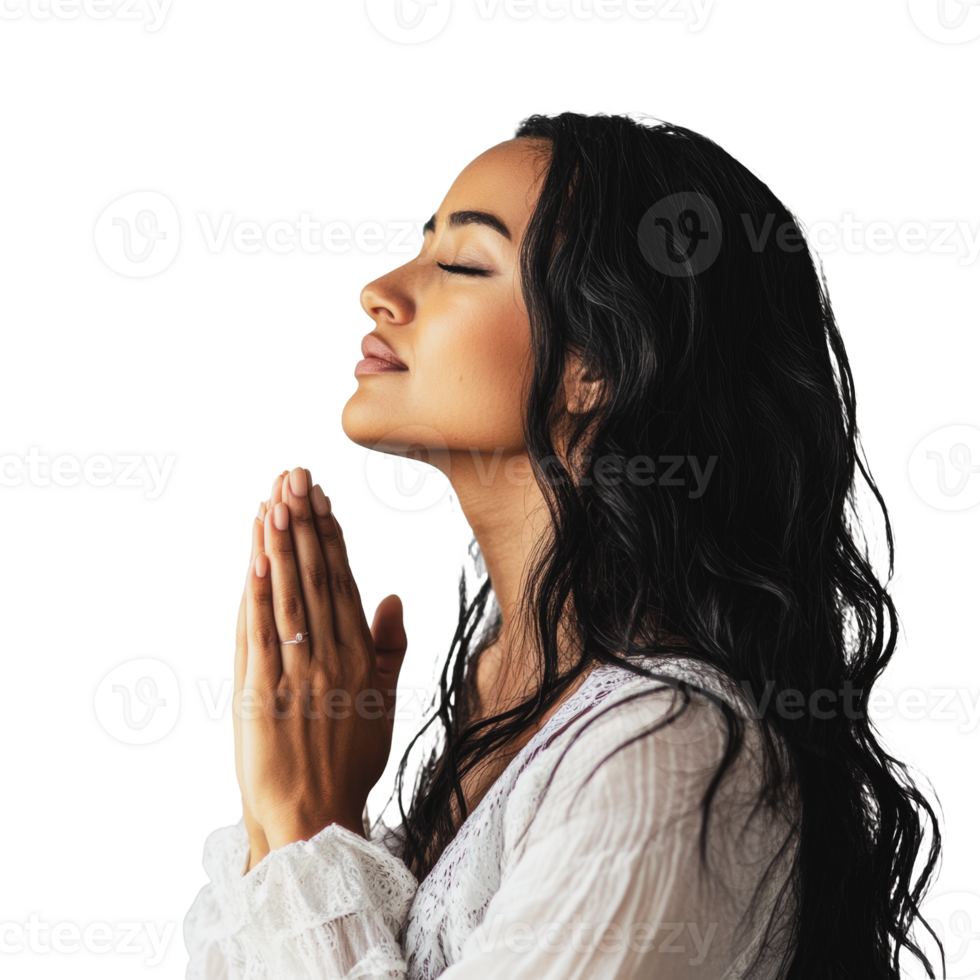 mulher Rezar com uma pacífico expressão dentro de casa png