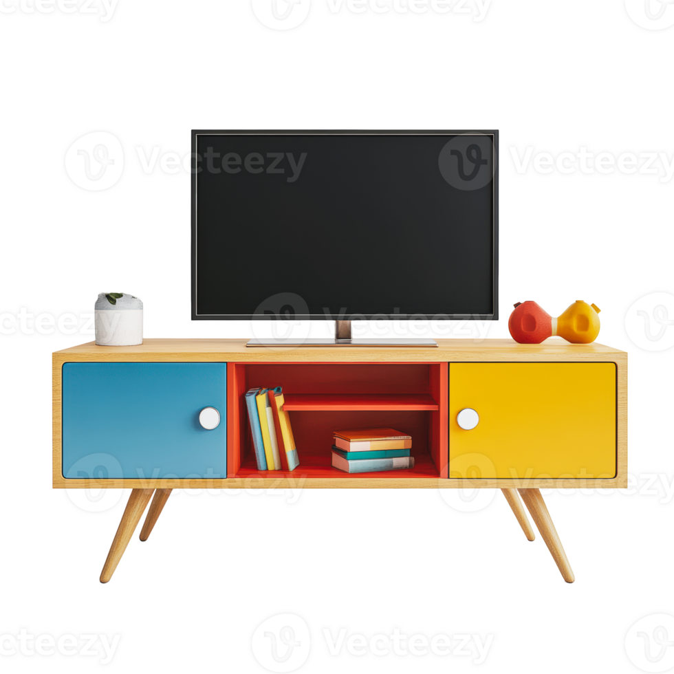 Modern styled TV stand with colorful storage png