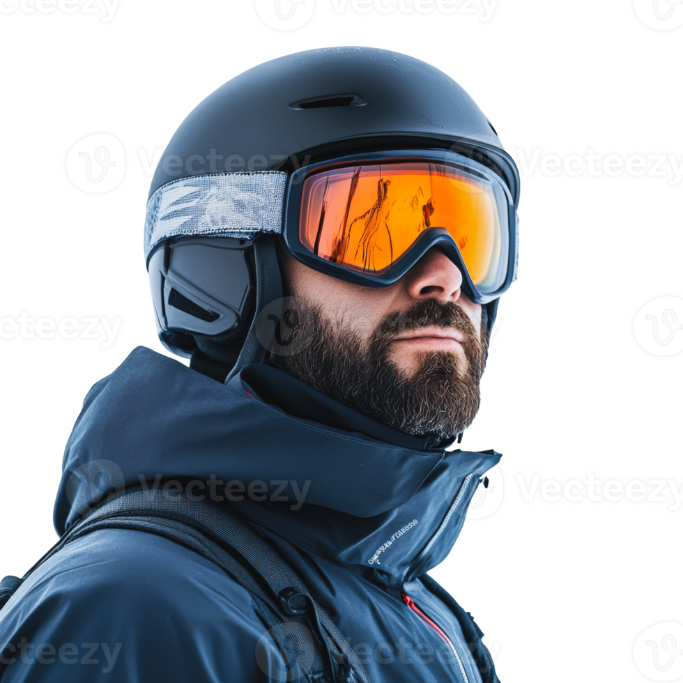 Skier in helmet and goggles at snowy mountain png