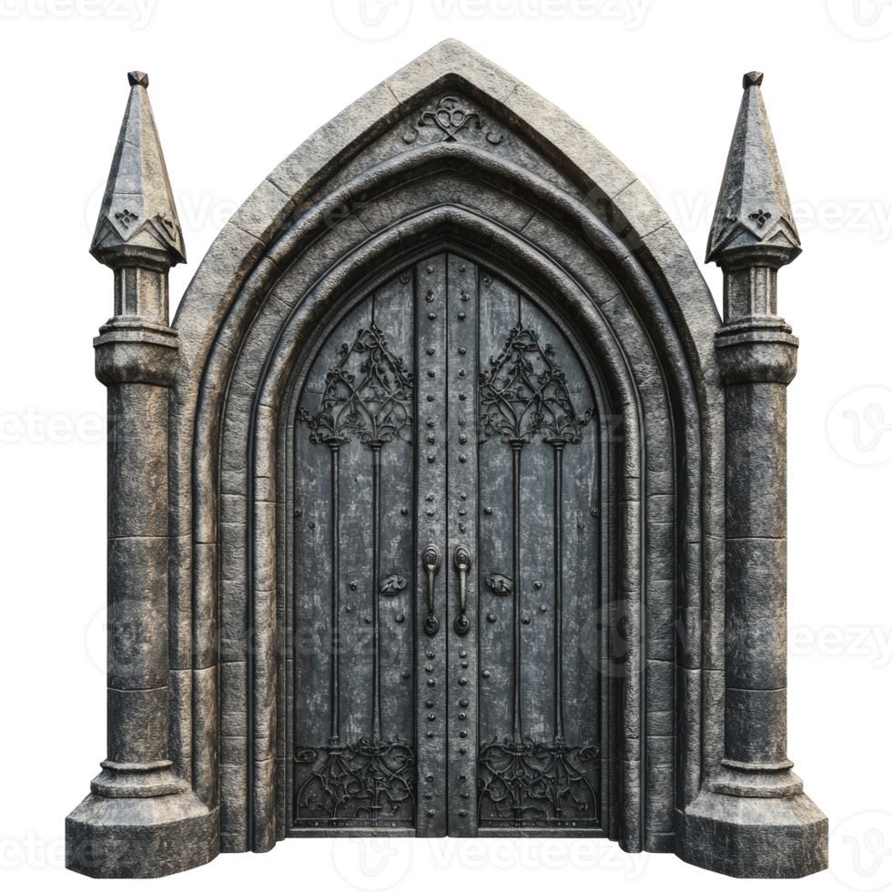 Ornate stone door with towers in a fantasy setting png