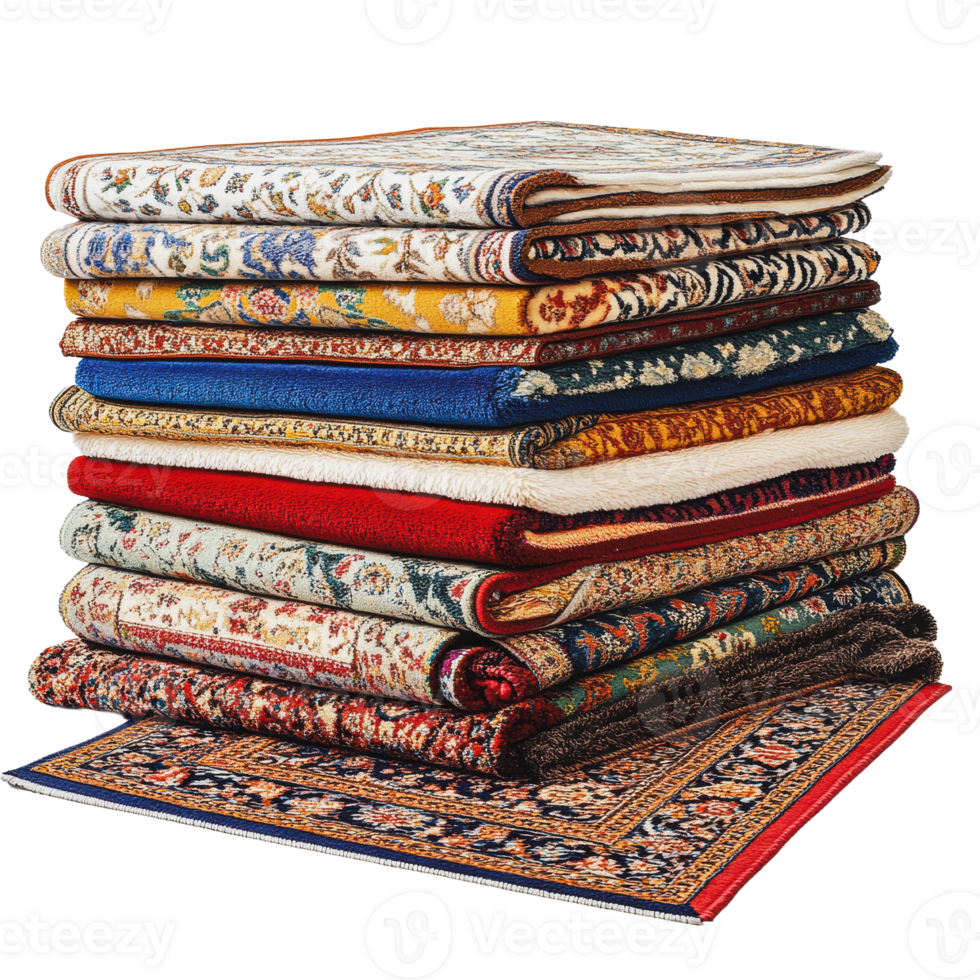 Stack of colorful rugs displayed for sale png