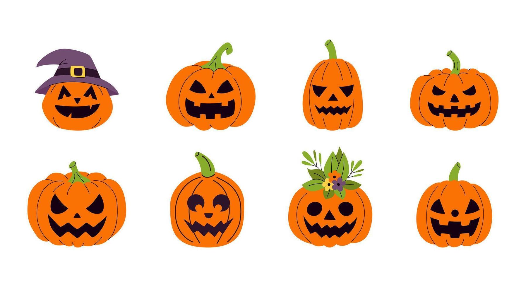 A set of eight Halloween pumpkins with faces and a witch hat vector