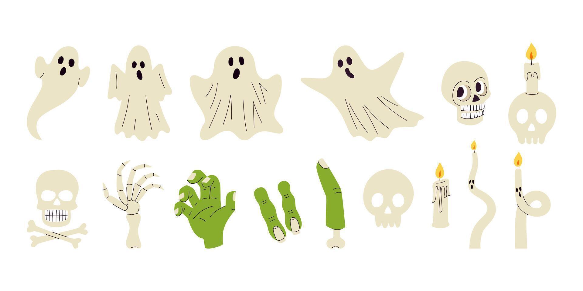 A collection of Halloween themed images including ghosts, skeletons, skulls and fingers vector