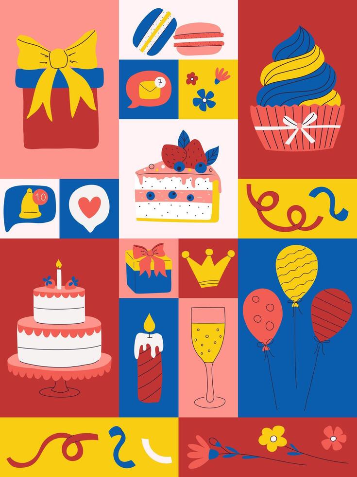 Poster for Birthday party. Festive, holiday symbols. Bright colorful card with sweets, gift box, cake, balloons. Creative illustration in flat cartoon style. Color background. vector