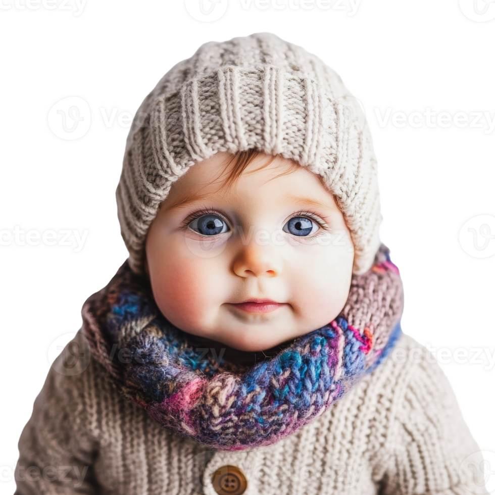 Baby wearing cozy wool hat and scarf in winter png