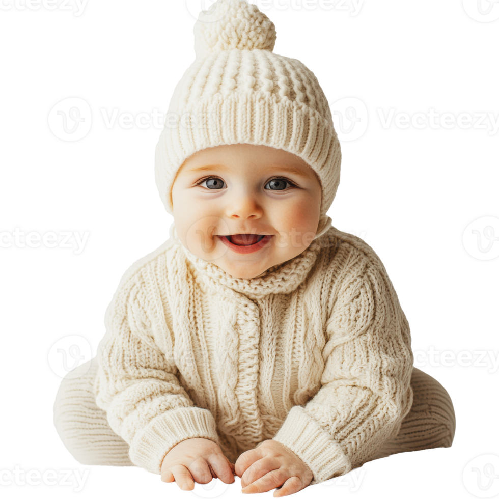 Baby in a knitted sweater and hat during winter png