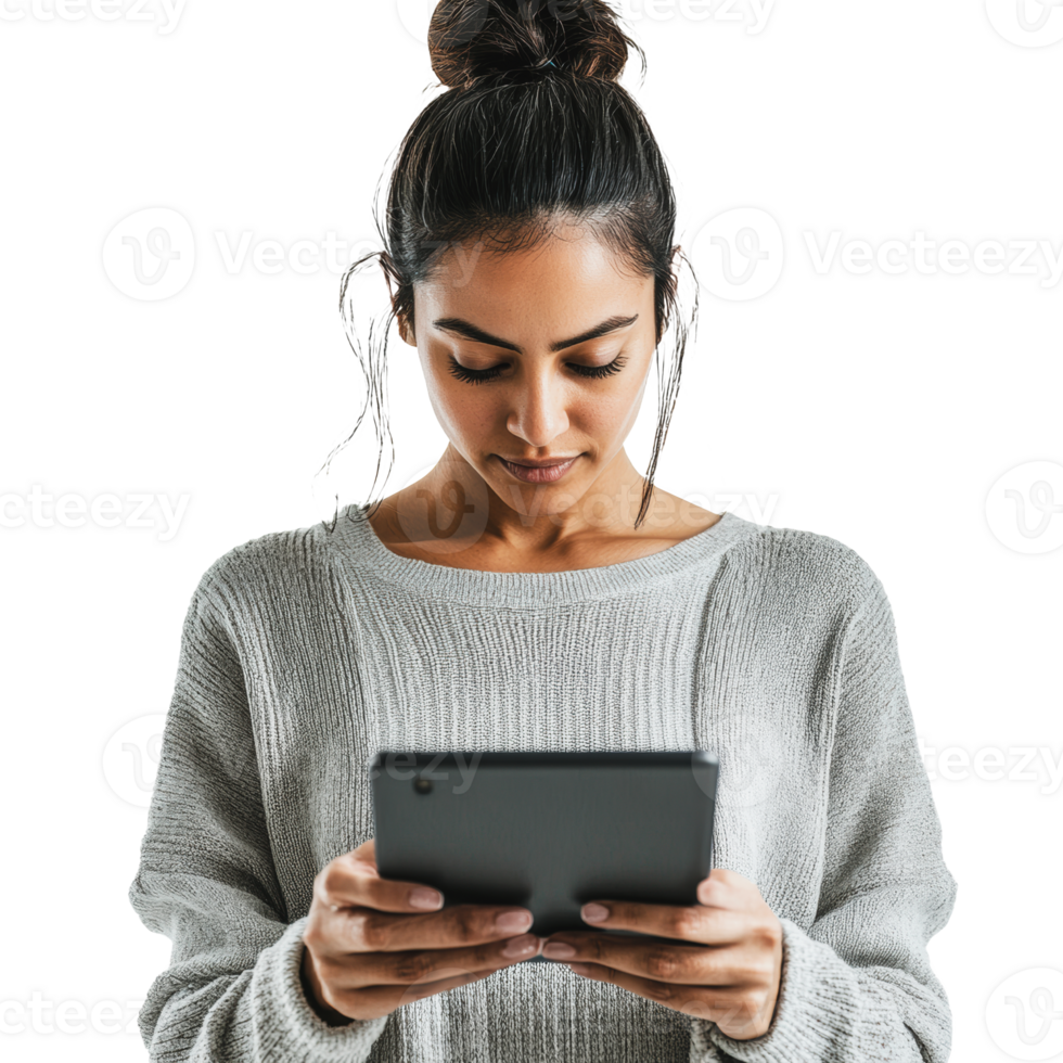 Woman in sweater using tablet indoors png