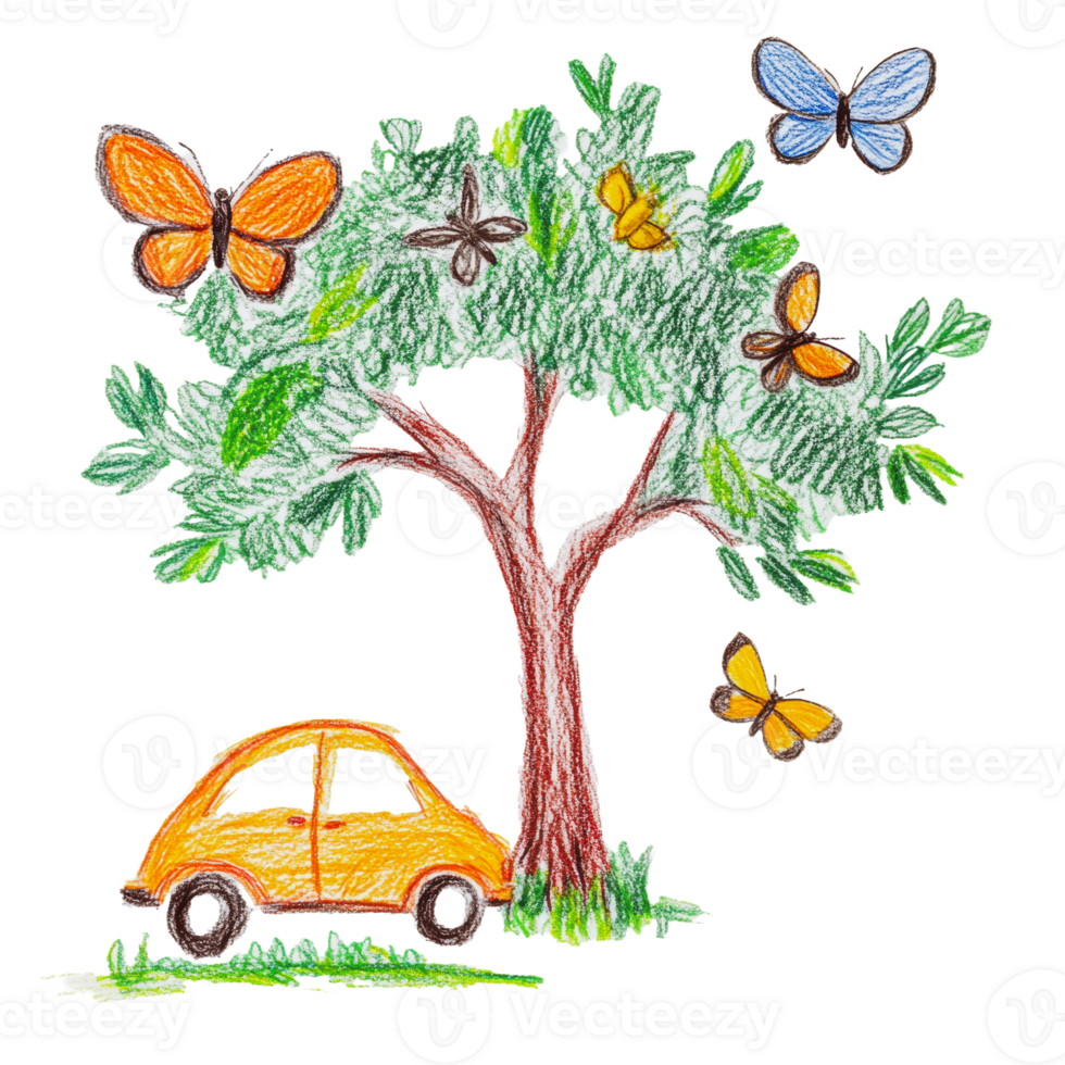Cute orange car under a tree with butterflies png