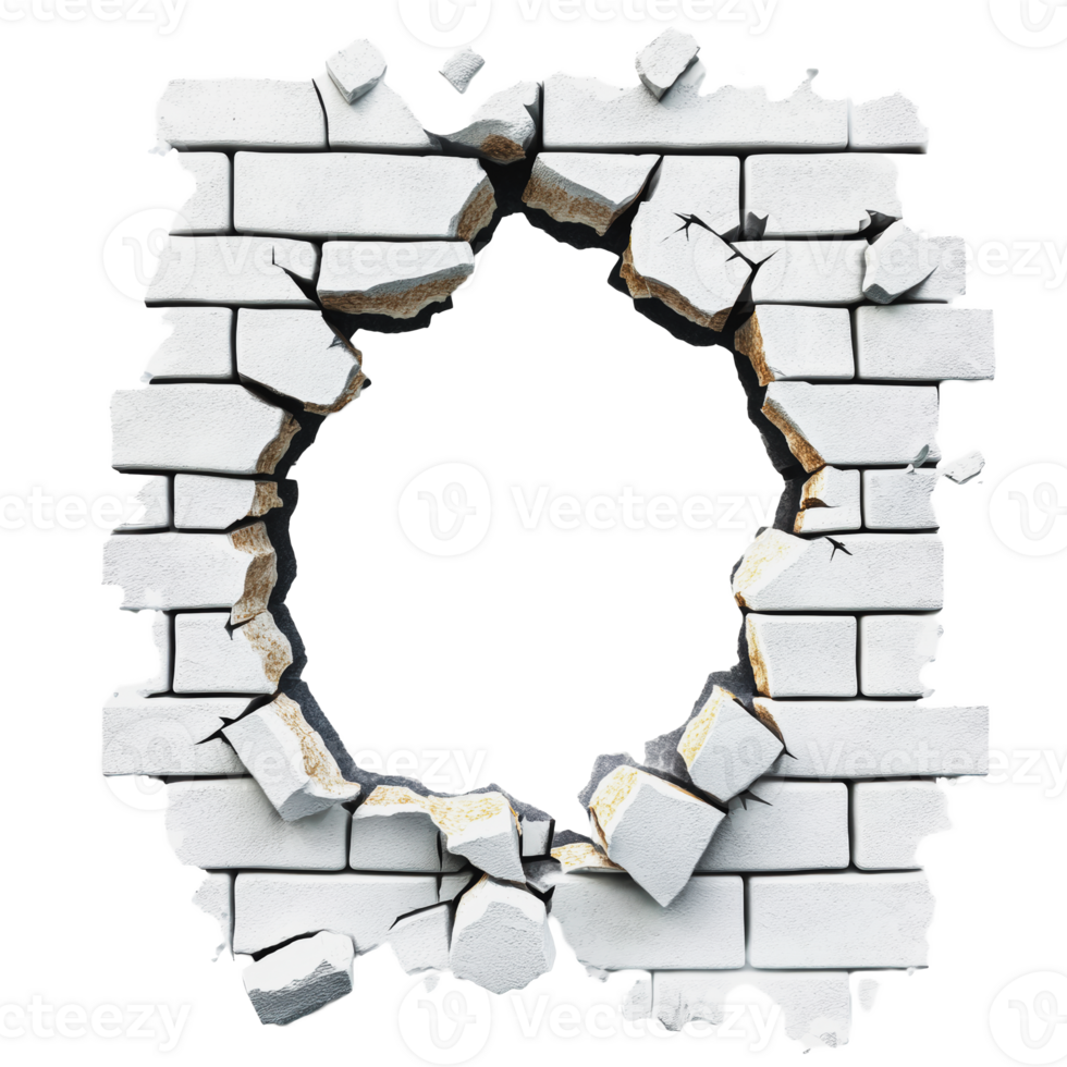 Wall with a large hole showing breaking bricks png