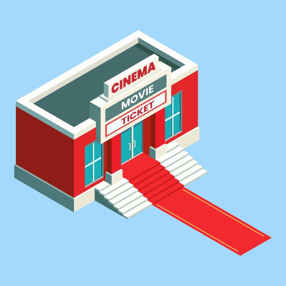Illustration of a Red Carpeted Cinema Building with Isometric Design vector