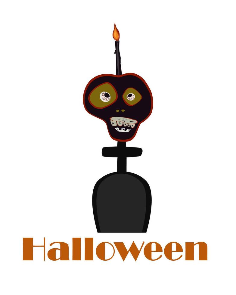 Happy Halloween card. Black human skull with scary eyes on the cross of a gravestone. There is a black candle on top. Poster. Isolated illustration on white background vector