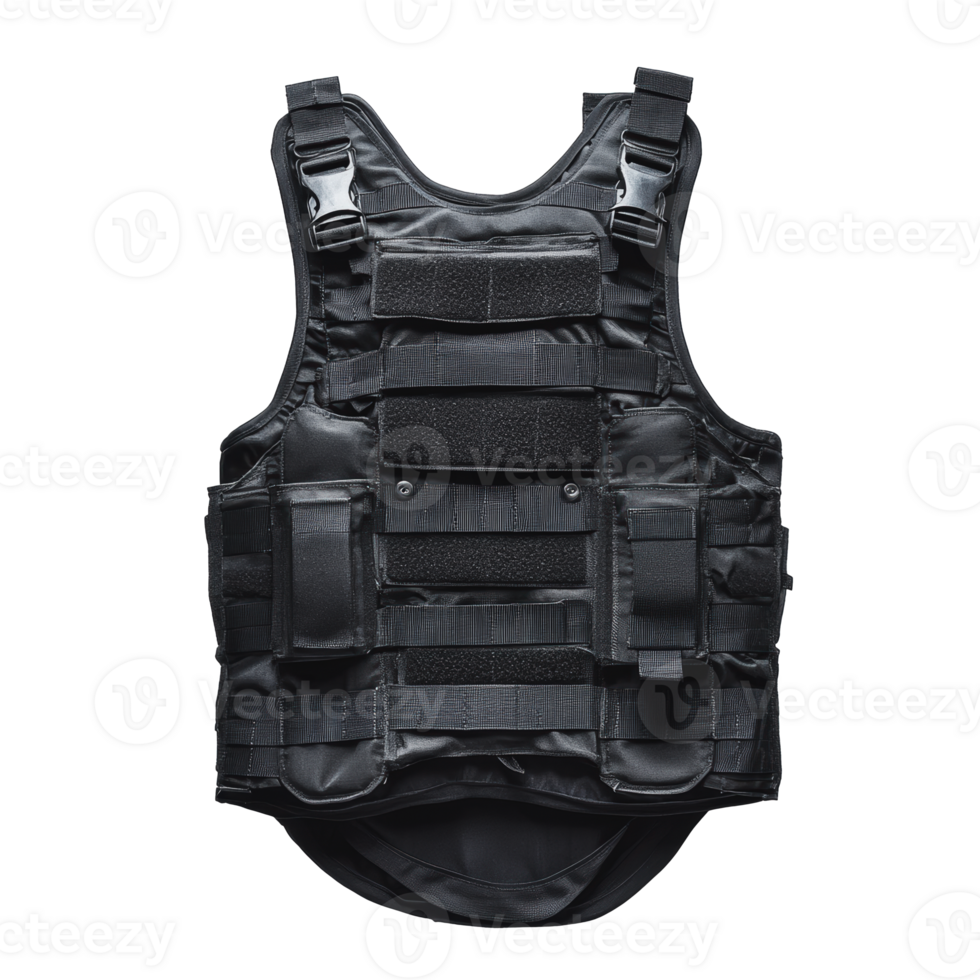Black tactical vest designed for military and law enforcement use displayed on a neutral background png