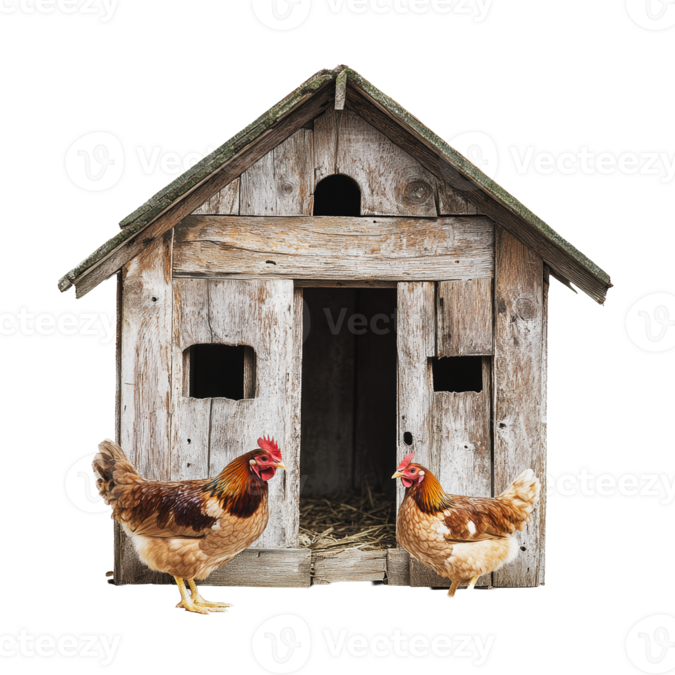 Two chickens outside a rustic wooden coop in a farmyard setting during the day png