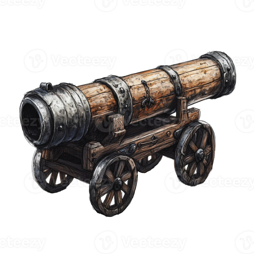 A detailed wooden cannon on wheels, showcasing craftsmanship and design from the early modern era, displayed in a workshop setting png
