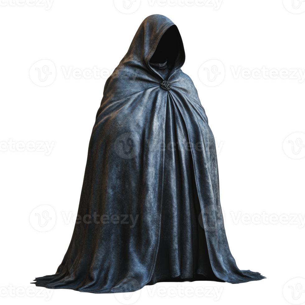 Mysterious figure in a dark cloak standing against a neutral background png