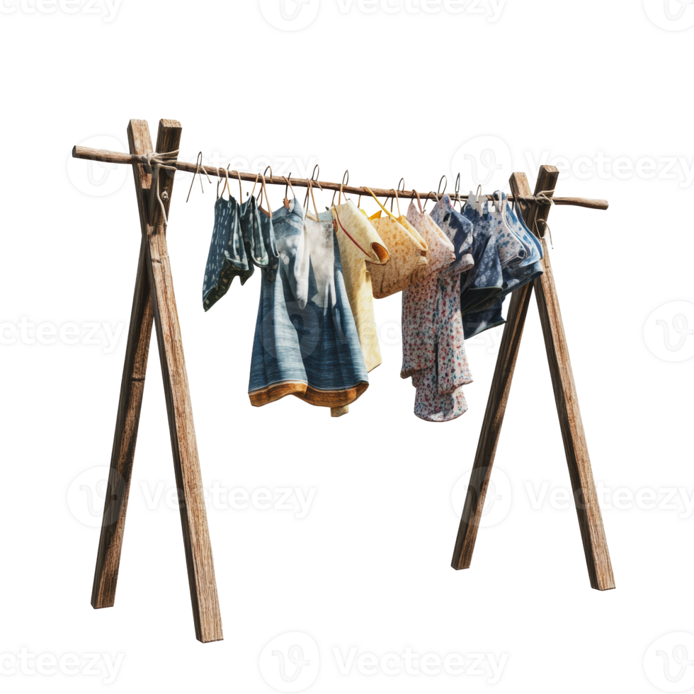 Clothes drying on a wooden rack in natural light with assorted garments hanging in a sunny outdoor setting png