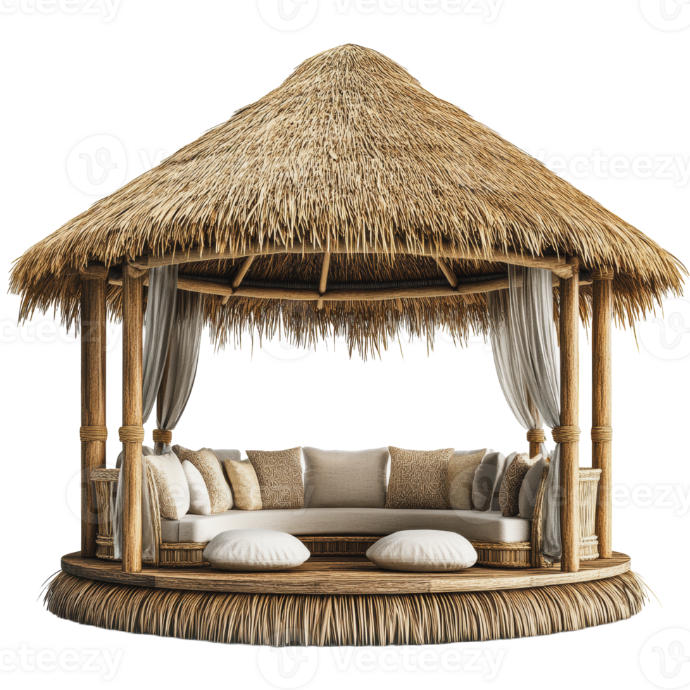 A cozy round gazebo with straw roof and plush seating arranged for relaxation in a tropical setting png