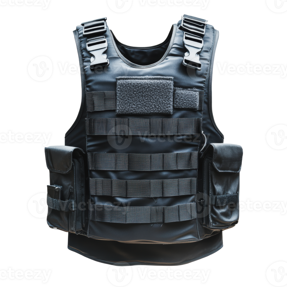 Tactical vest with multiple pockets and attachments displayed against a plain background png