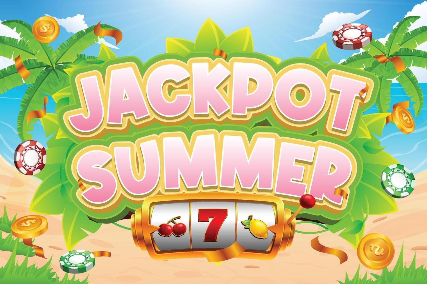 casino design with summer events and slot machine illustrations vector