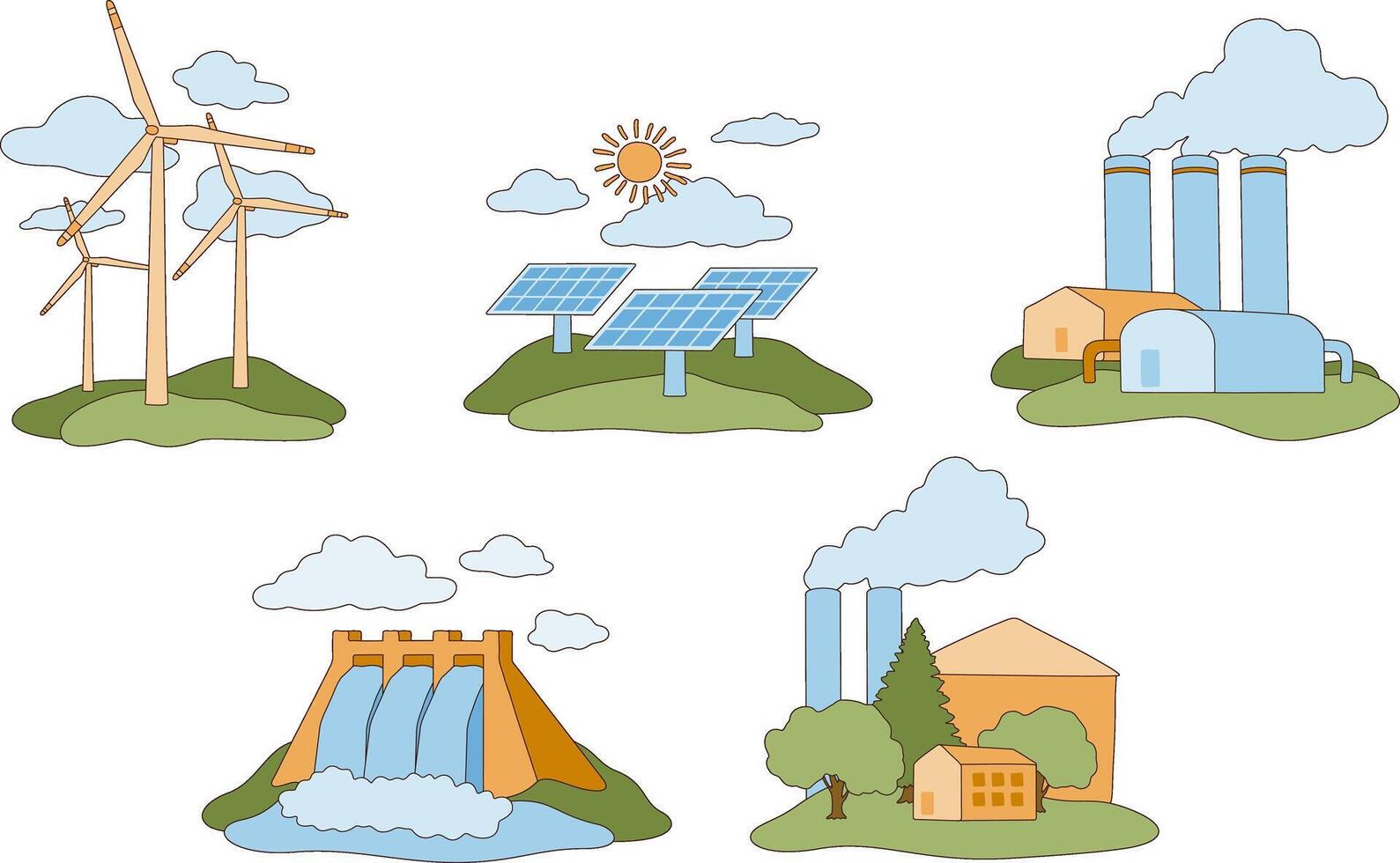 Color isolated illustration of eco renewable energy. Wind, sun, geothermal, hydropower and biomass. Sustainable cute retro graphics with outline. Turbine, solar panel and plant. Editable stroke. vector