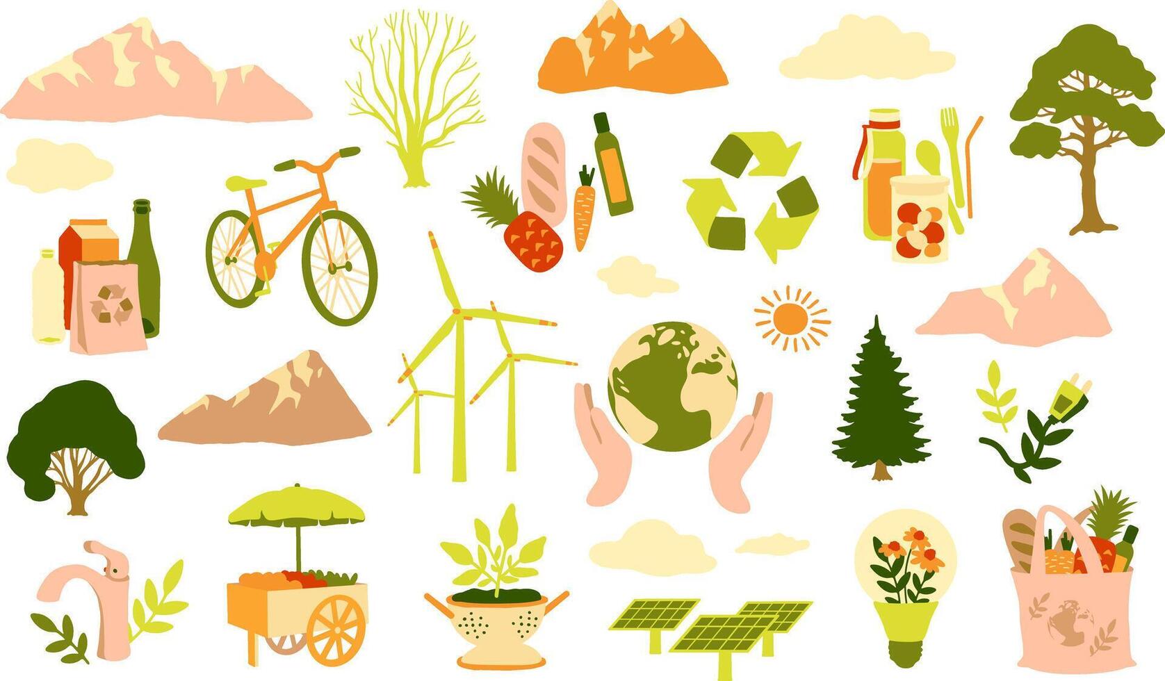 Eco sticker set, cute and bright illustrations vector