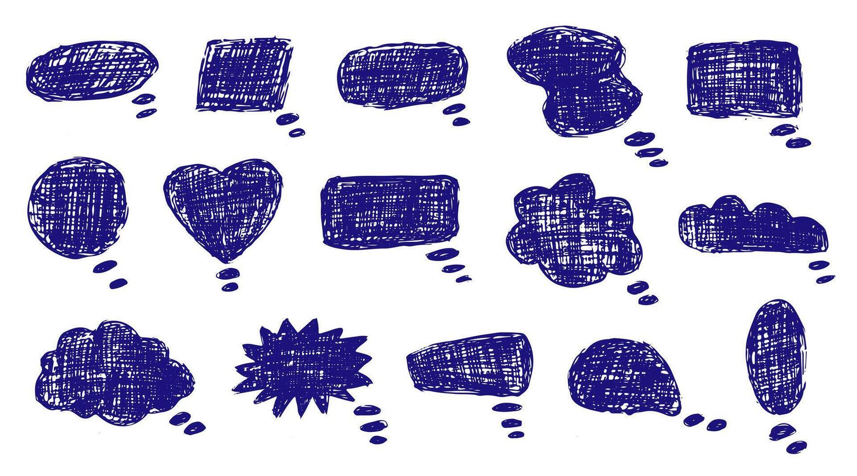 Set of blue pen speech bubbles. Dialogue box in doodle style with scribble textures. Set of abstract shapes and curves. Hand drawn blue pen scribbles. vector
