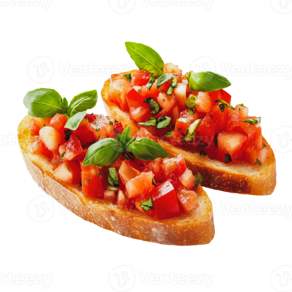 Fresh tomato and basil bruschetta topped on toasted baguette slices prepared for a summer appetizer png