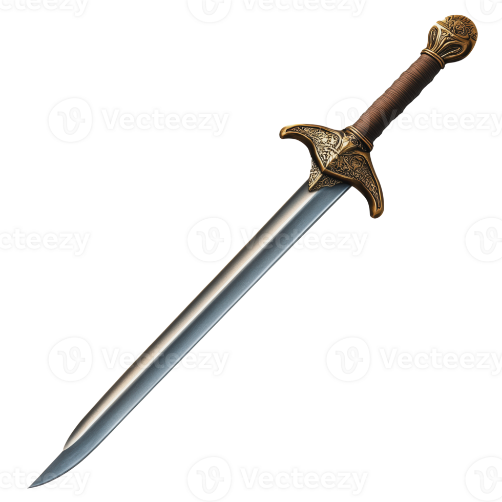 A decorative sword with ornate handle design displayed on a clean surface under bright lighting png