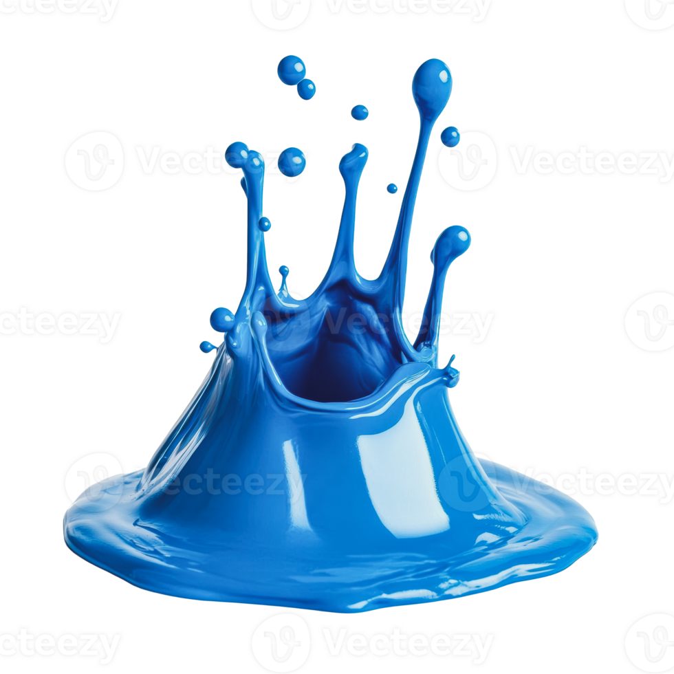 Blue paint splashes dramatically while creating a smooth puddle on a white surface png