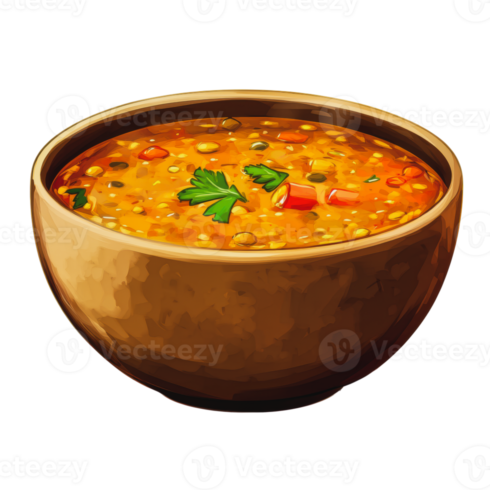 A warm bowl of lentil soup garnished with fresh herbs, served in a rustic wooden bowl png