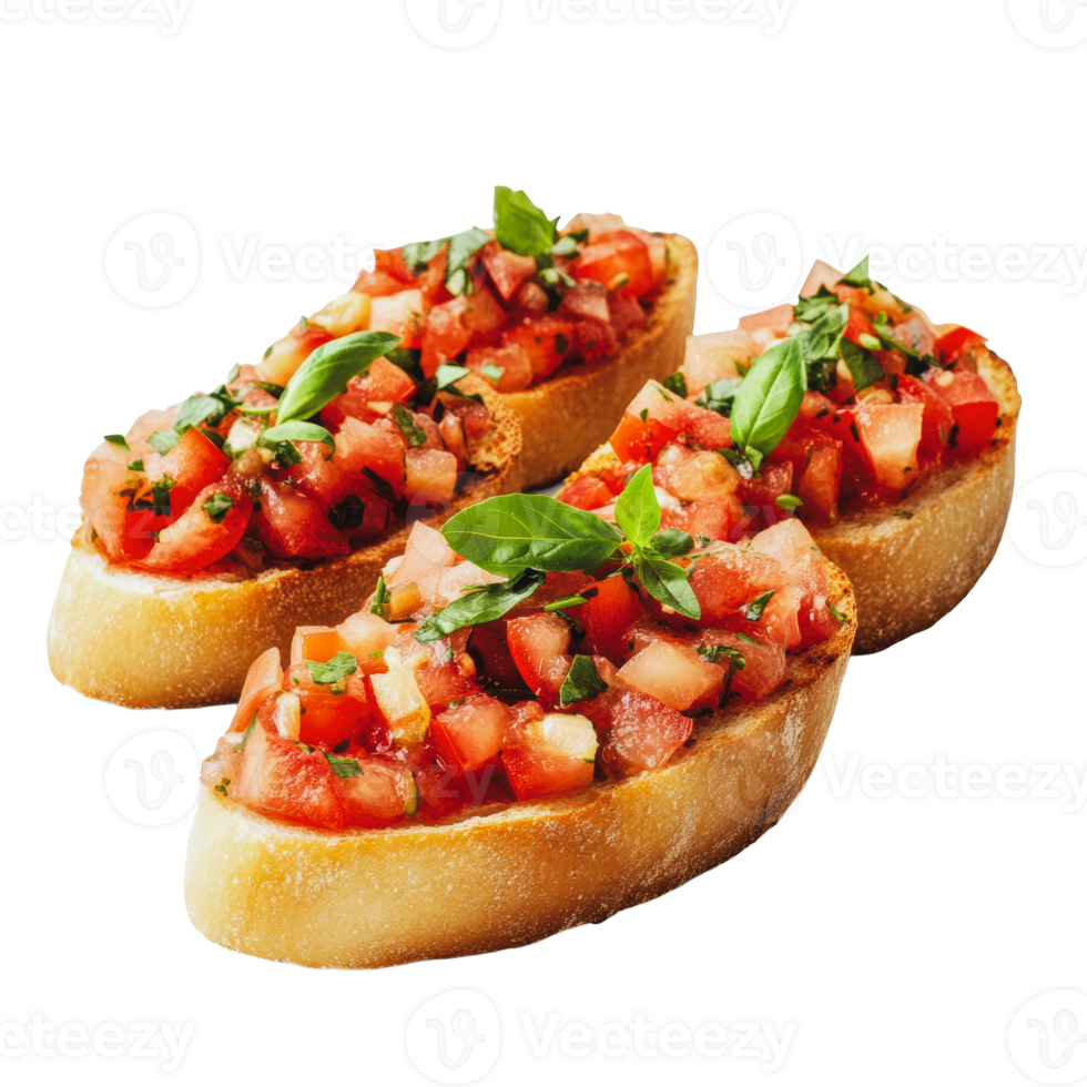 Fresh bruschetta topped with diced tomatoes and basil served on toasted bread png