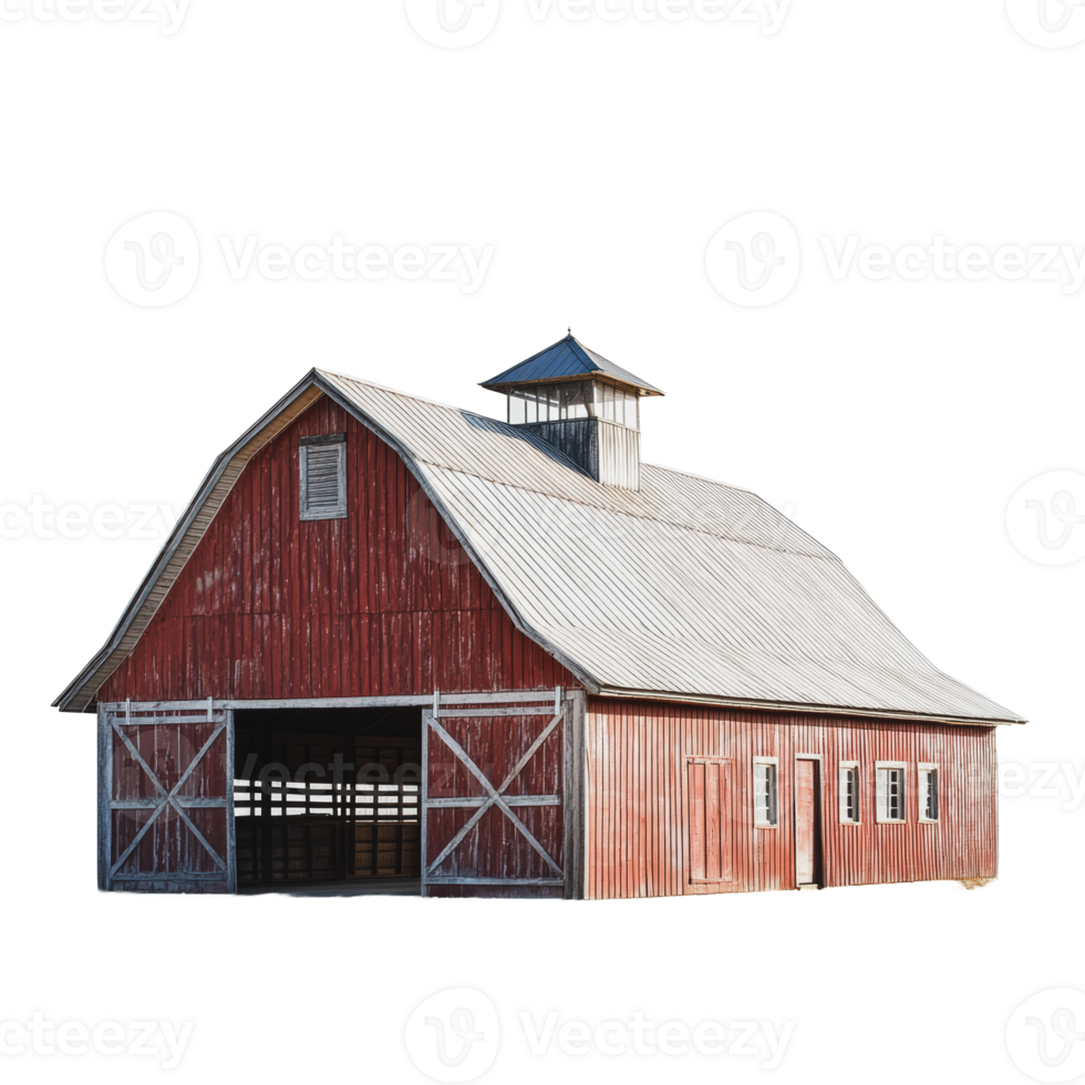 Red barn with a cupola near a rural landscape on a clear day png