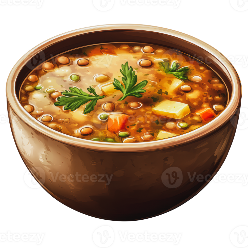 A steaming bowl of hearty vegetable lentil soup served in a wooden bowl, showcasing fresh ingredients and vibrant colors png
