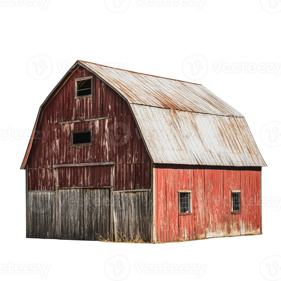 Red barn with weathered roof and wooden details in a rural landscape during daylight png