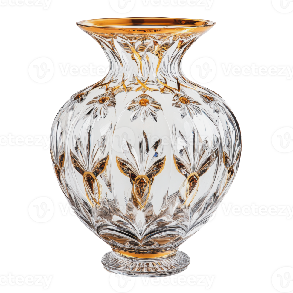 Elegant cut crystal vase with gold accents displayed on a wooden table png