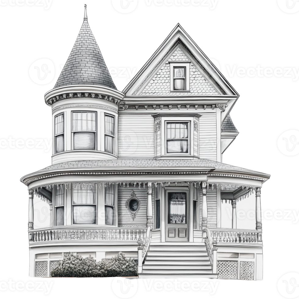 Victorian-style house with turret and wraparound porch in a residential area png