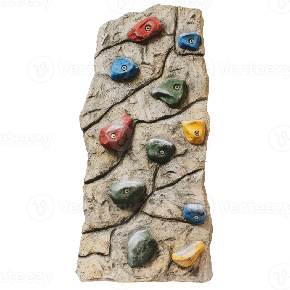 Indoor climbing wall with colorful holds and textured surface for training in a gym setting png