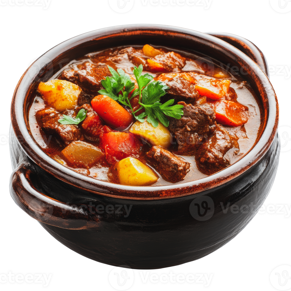 Hearty beef stew with vegetables in a rustic pot png