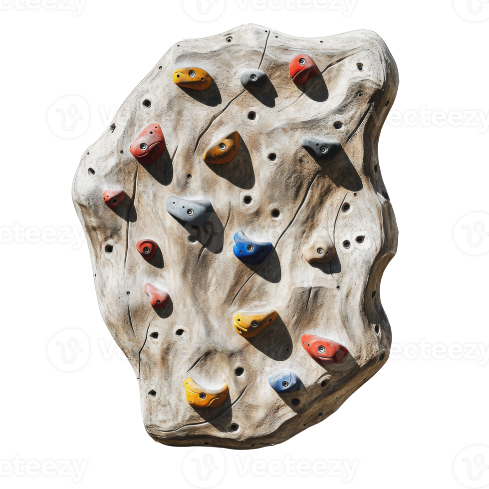 Indoor climbing wall with various holds in bright colors located at a recreational facility during daylight hours png